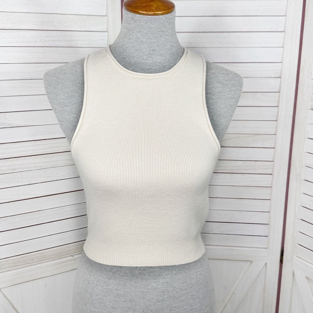 Pretty‎ Little Thing Ribbed Knit Racer Back Crop Tank Top Cream Medium